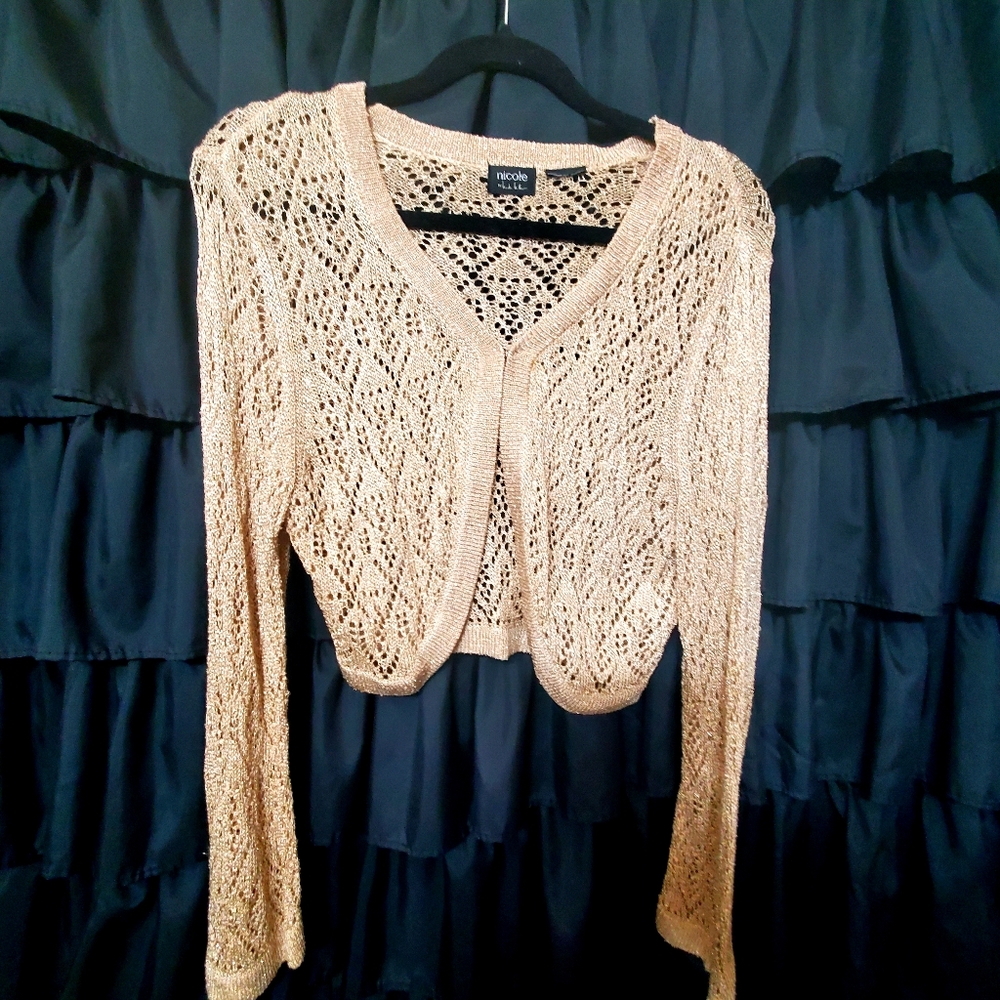 Nicole Miller Gold Shimmer Crochet Long Sleeve Shrug Cardigan Women's Large